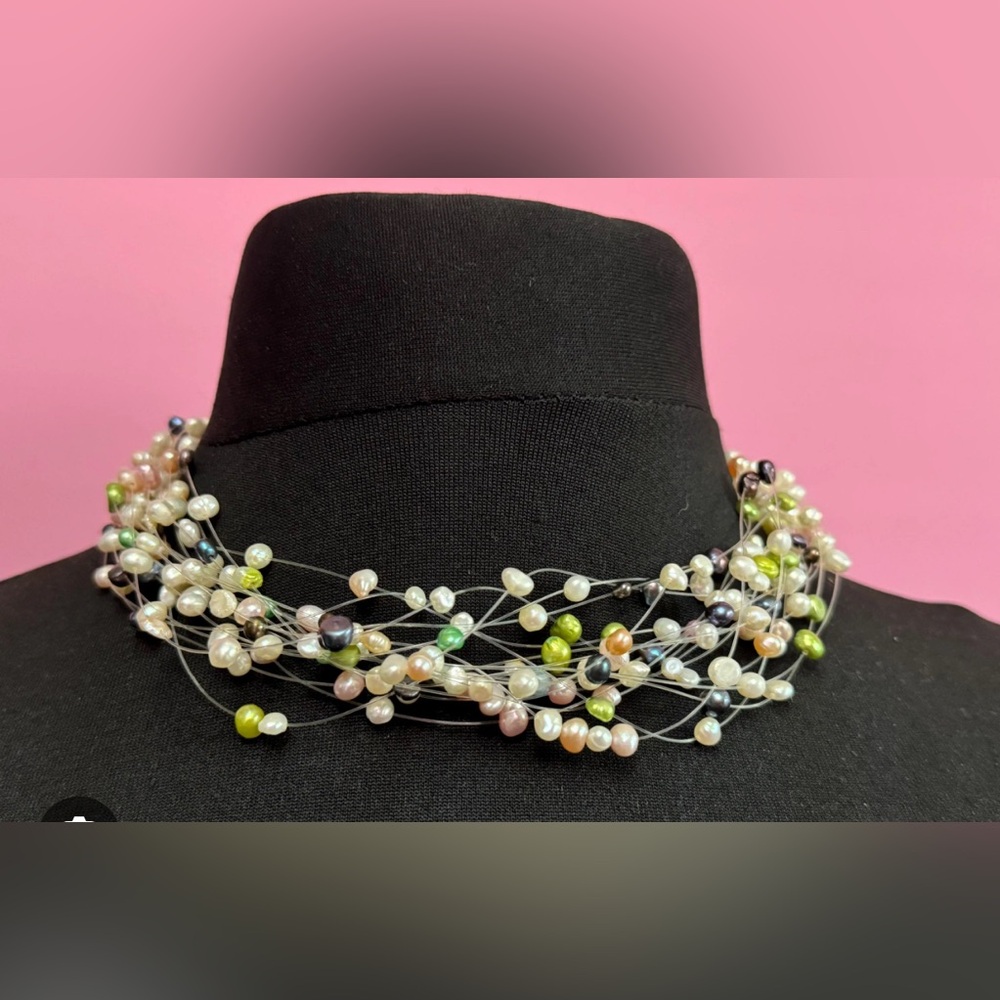 Elegant Pearl and Gemstone choker Necklace - 15 inches length floating pearls
